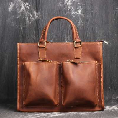 High Quality Crazy Horse Leather Men's Briefcase Genuine Leather Office Laptop Bag Full Grain Cowhide Business Tote Bags