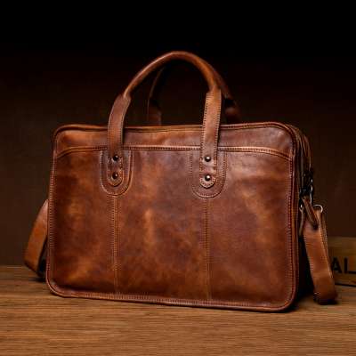 Vintage Vegetable Tanned Leather Briefcase Big Large Full Grain Leather Office Laptop Bag Mens Cowhide Messenger Bags