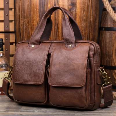 Genuine Leather Men's Briefcase Bag Men's Full Grain Leather Laptop Bag Business Tote Handbag Portable Shoulder Messenger Bag