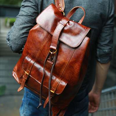 Genuine Leather Rucksack Men Laptop Backpack Vintage School Daypack Bags Full Grain Cowhide Men Travel Backpack