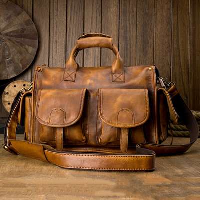 Handmade Vegetable Tanned Leather Briefcase Mens Full Grain Leather Laptop Bag Cowhide Leather Shoulder Messenger Bags